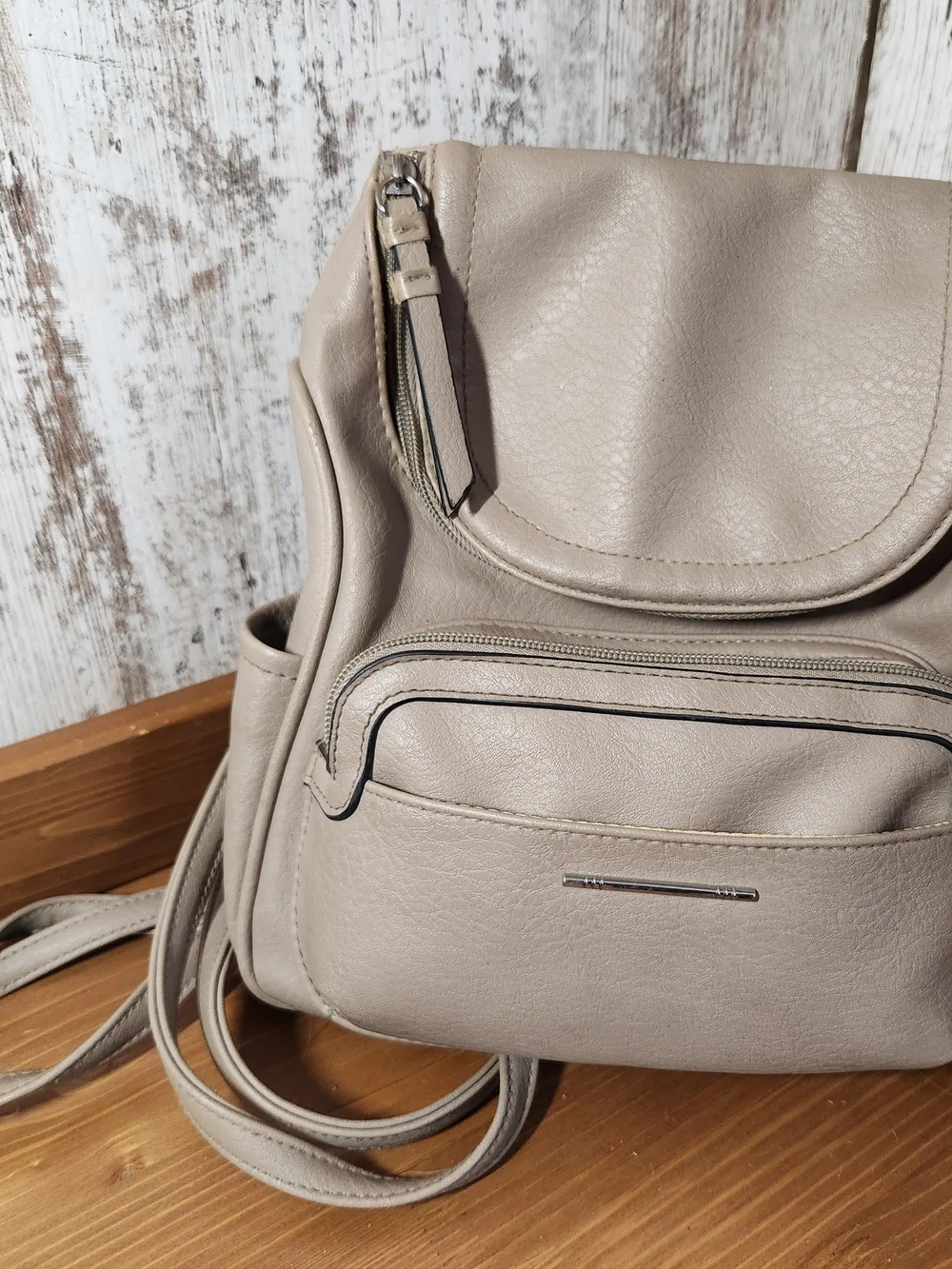 Neutral Beige Stone Crossbody Bag Silver Hardware Converts To Backpack Pockets